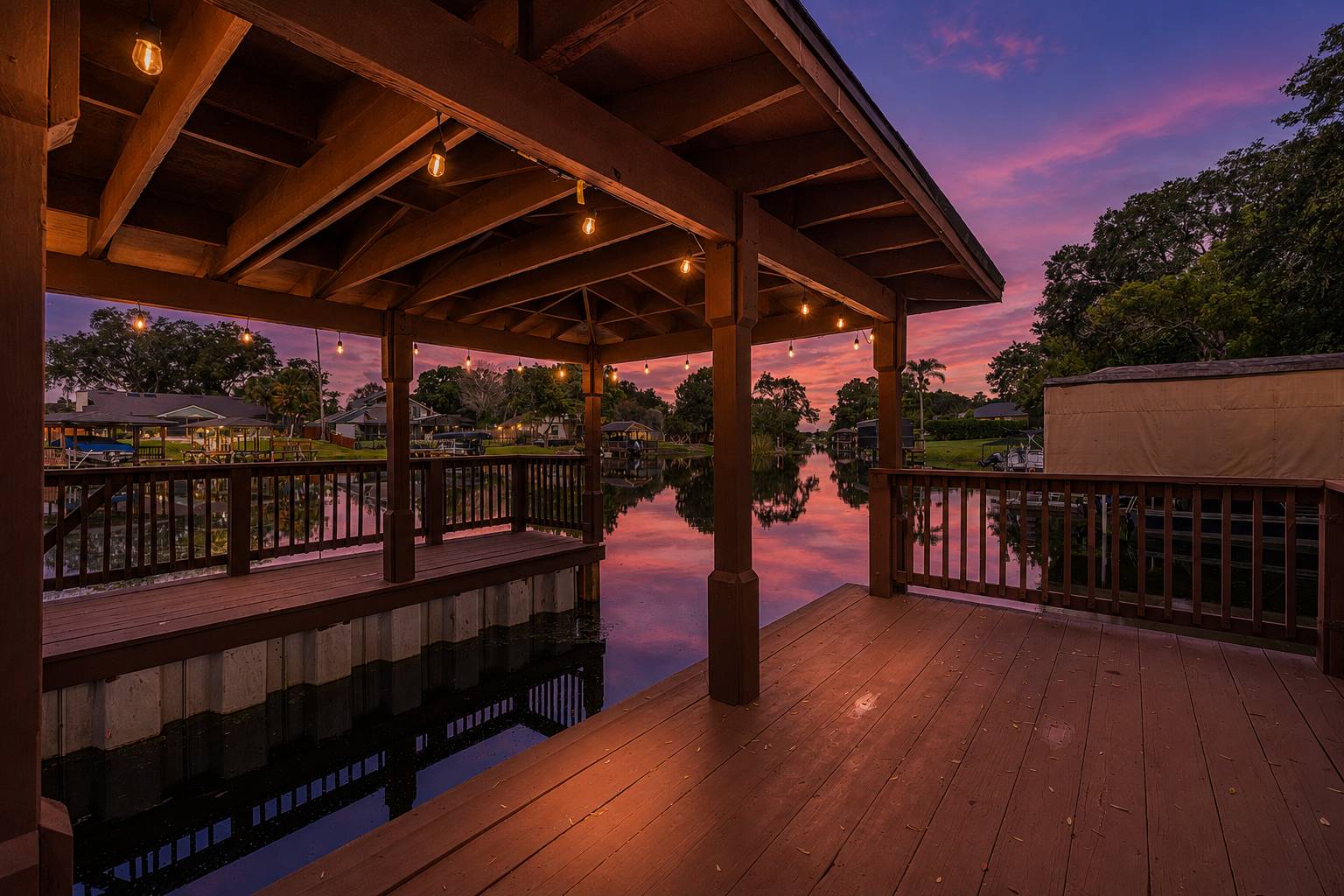 Covered boat dock on the canal at sunset at 3625 Waters Edge Dr, Belle Isle Florida, Conway Chain of Lakes
