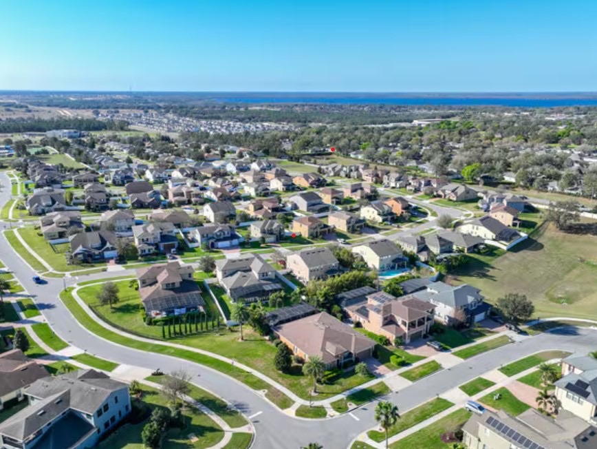 Aerial view of homes and lakes in Clermont, Lake County Florida