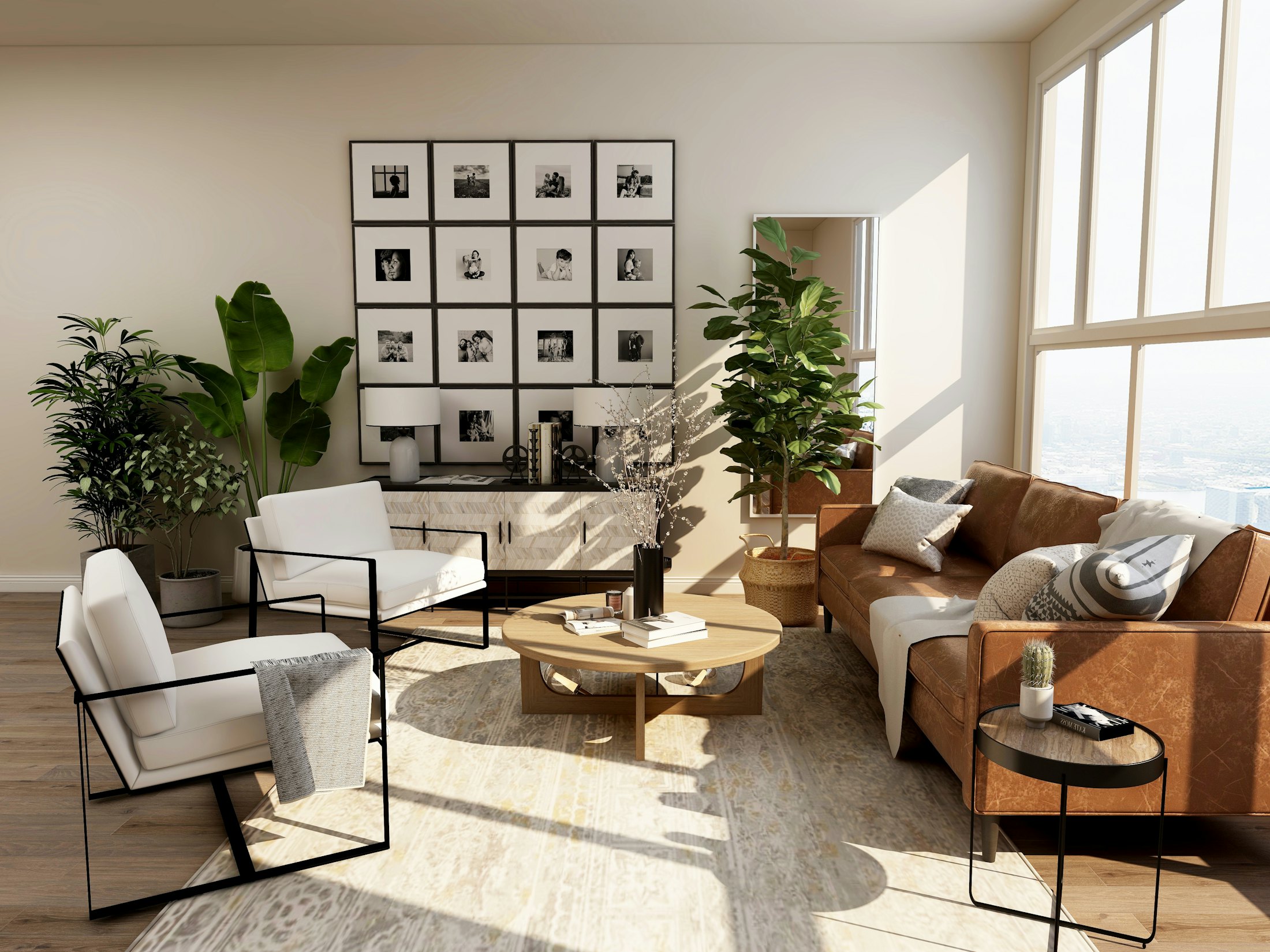 Sunlit living room with neutral finishes